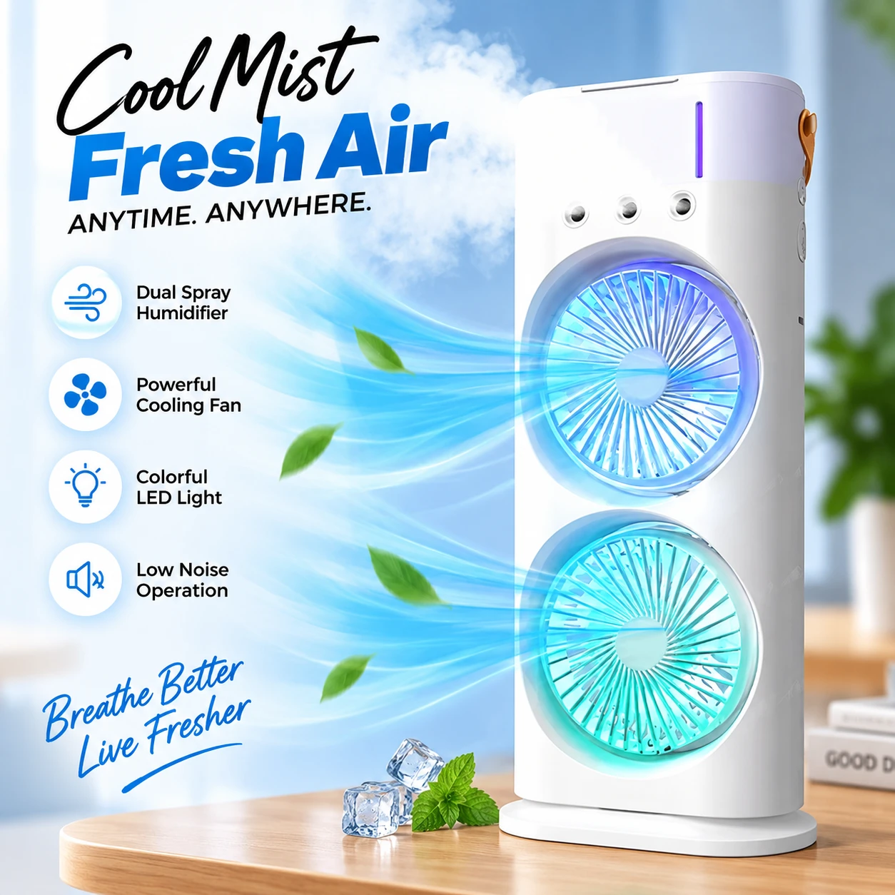 FADIUMS Double-Ended Spray Fan & Humidifier 600ml | Portable Mist Fan