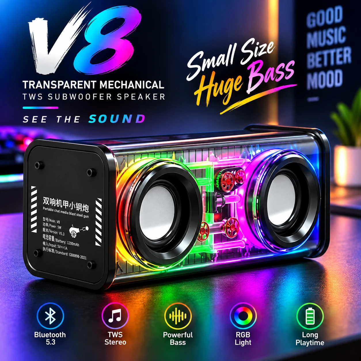 V8 Transparent Bluetooth Speaker | Mechanical RGB Light Speaker