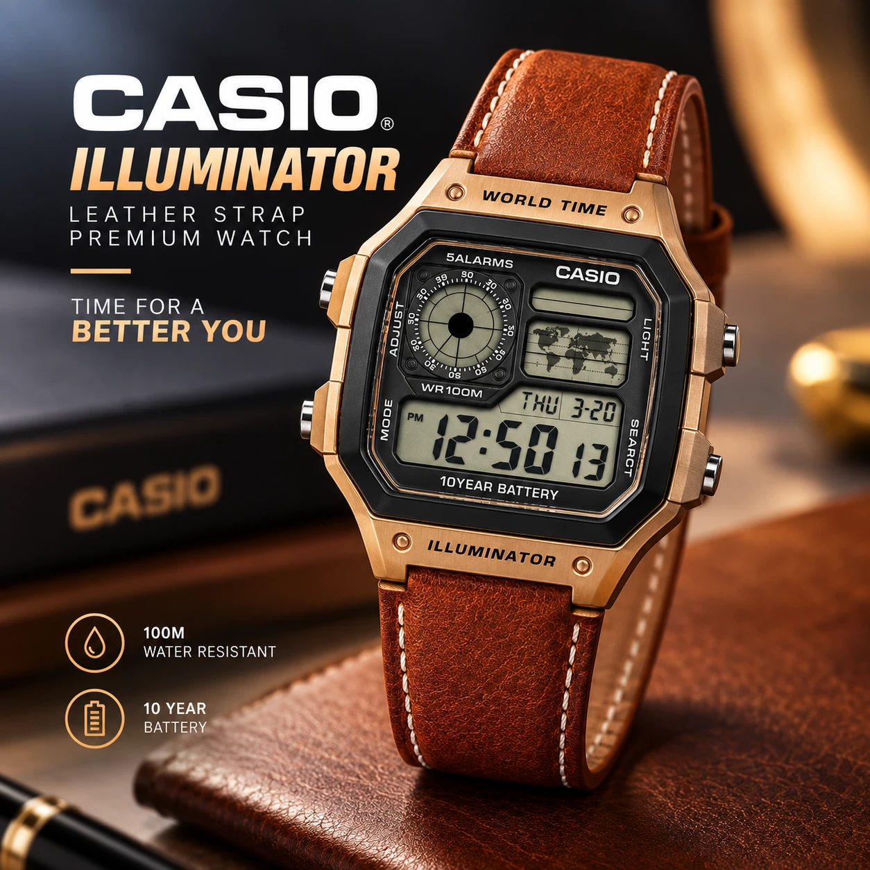 Casio Illuminator Leather Strap Watch