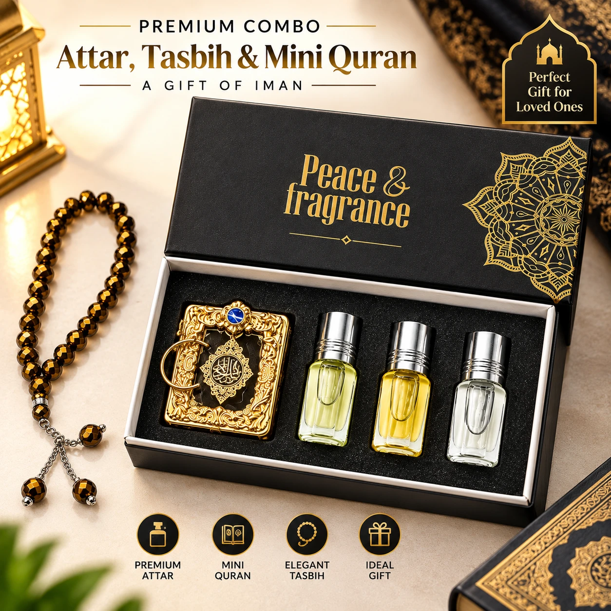 Premium Combo Attar, Tasbih & Mini Quran Package
