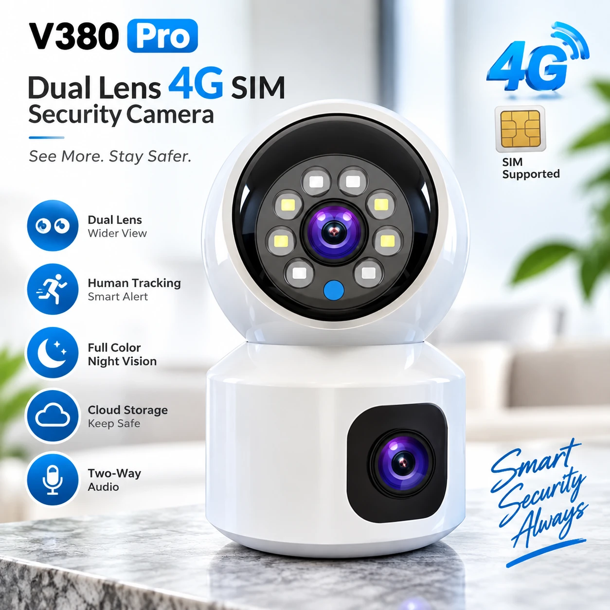 V380 Pro Dual Lens 4G SIM Camera